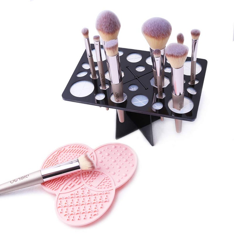 Diolan Makeup Brush Cleaning Mat & Drying Rack - 28 Holes Brush Holder, Silicone Rubber Clover Shaped Mat Cleaner - Black & Pink - Image 1